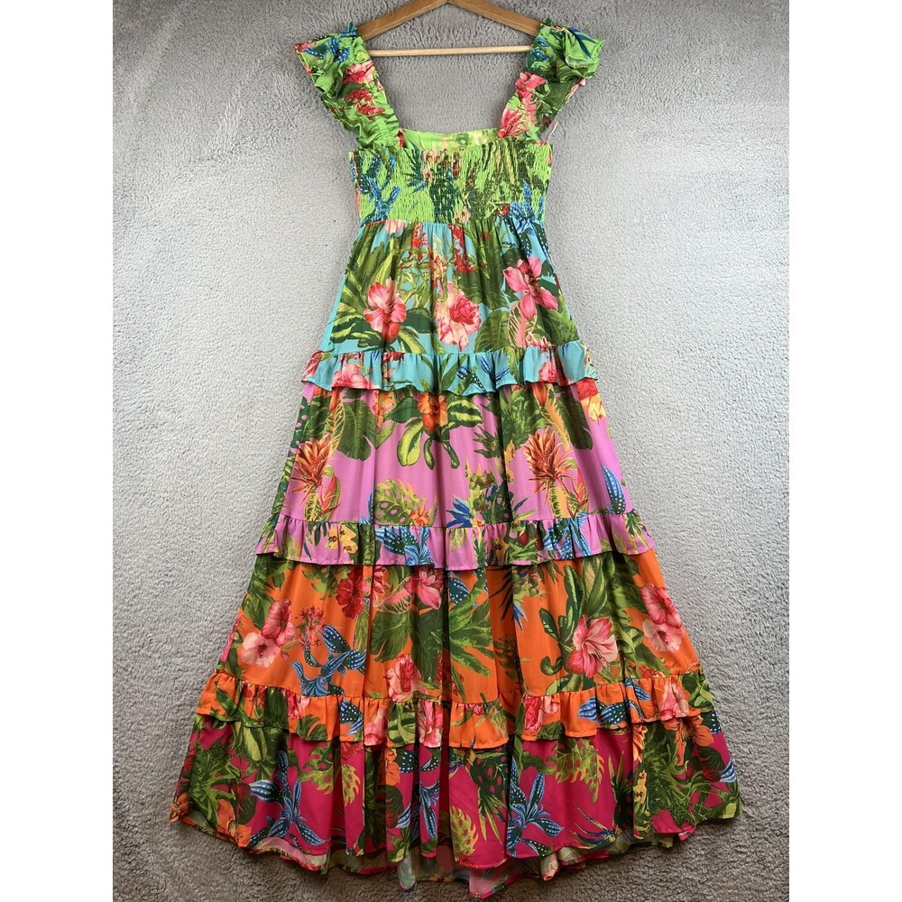 Flying Tomato Dress Womens XS Multicolor Floral Tiered Maxi Sundress Tropical - Picture 2 of 12
